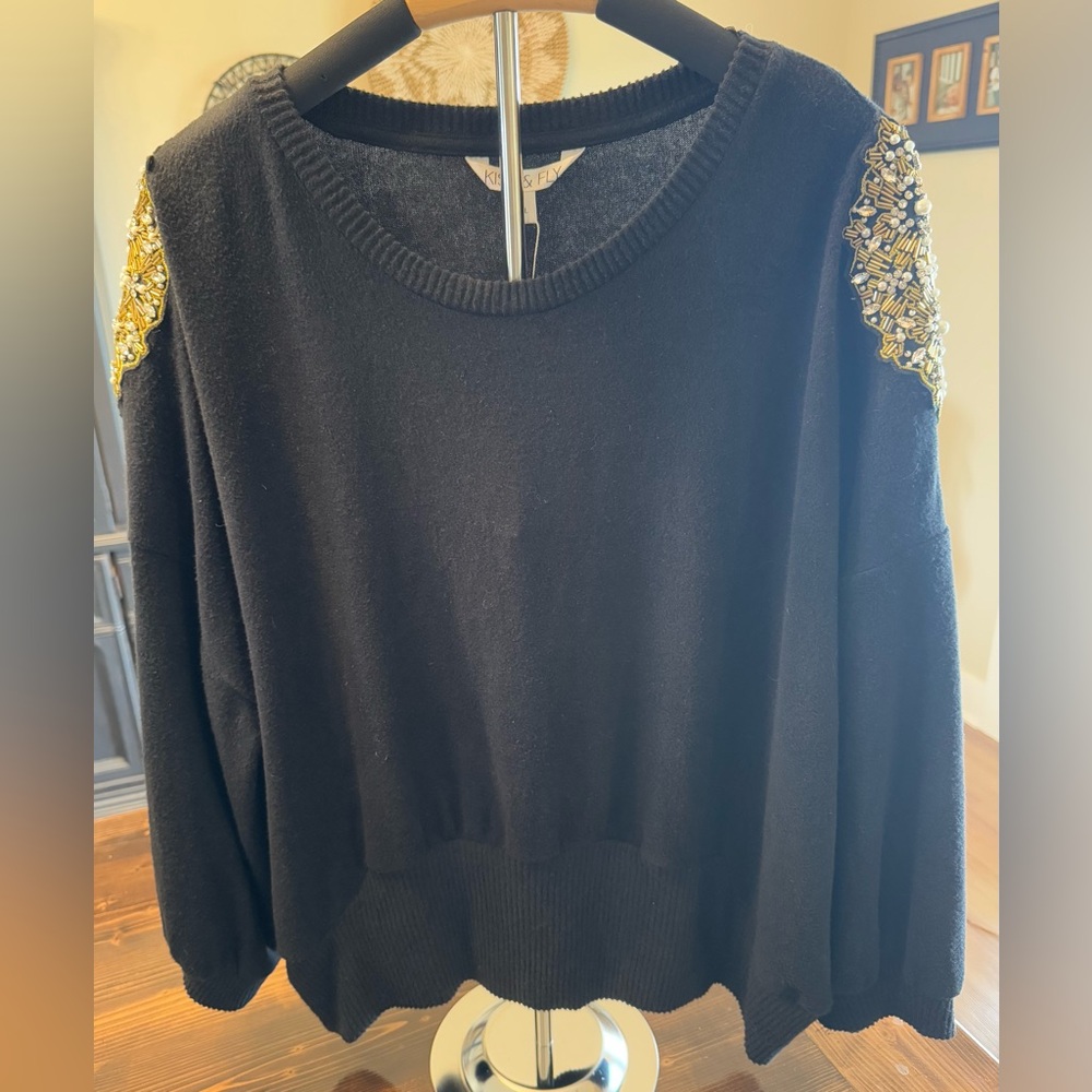 NWT Kiss & Fly Black Sweater with Beaded‎ Embellishments Size XL